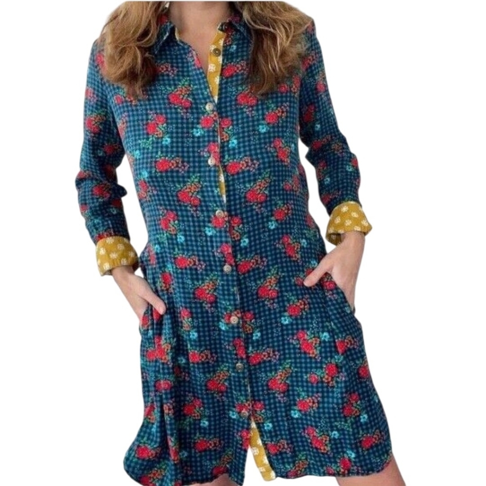 Matilda Jane Choose Your Own Path Shirt Dress S Teal Floral‎ Button Down Dress